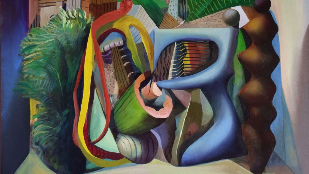 Surrealist painting with abstract shapes and vivid colors, depicting a whimsical landscape under a bright moonlit sky.