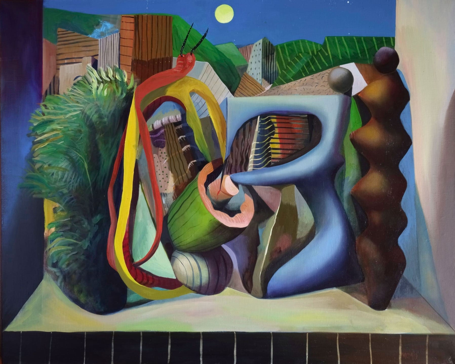 Surrealist painting with abstract shapes and vivid colors, depicting a whimsical landscape under a bright moonlit sky.