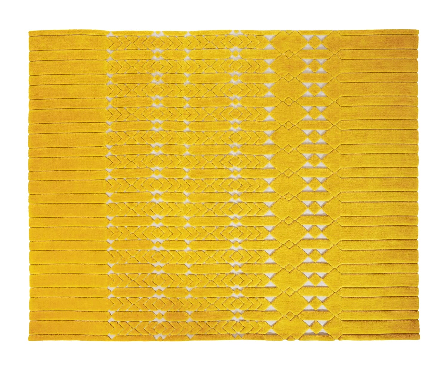 Yellow geometric textile pattern with diamond shapes and horizontal lines, creating a visually striking design.