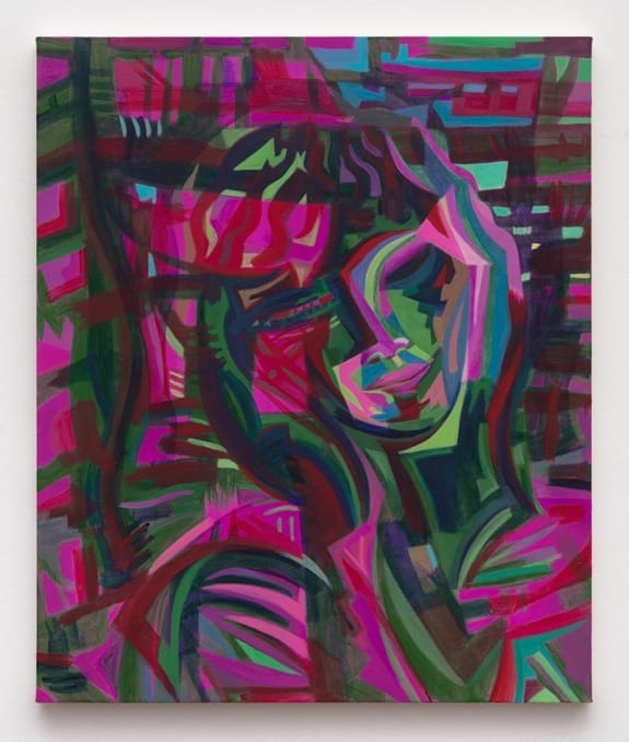 Abstract painting with vibrant colors and geometric shapes, featuring a stylized human face blending into the background.