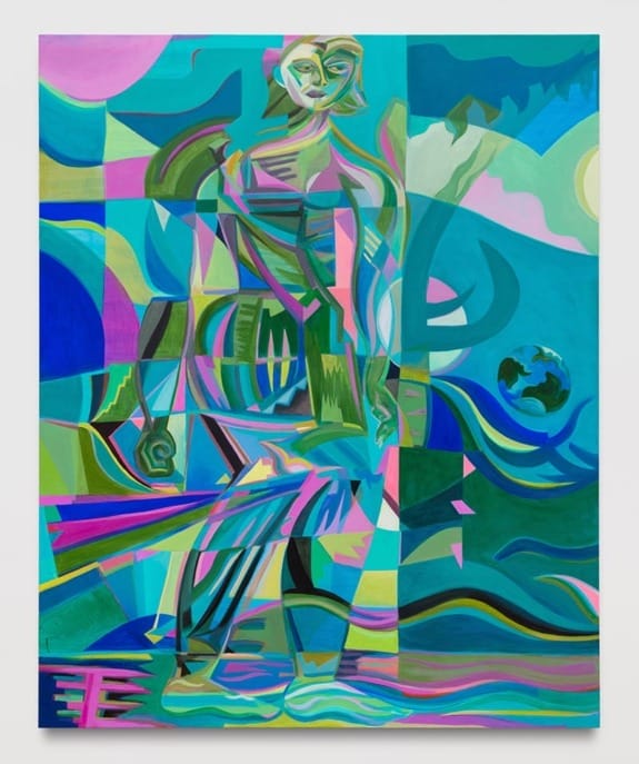 Abstract painting of a person with vibrant colors and geometric shapes, featuring a globe and dynamic patterns in the background.