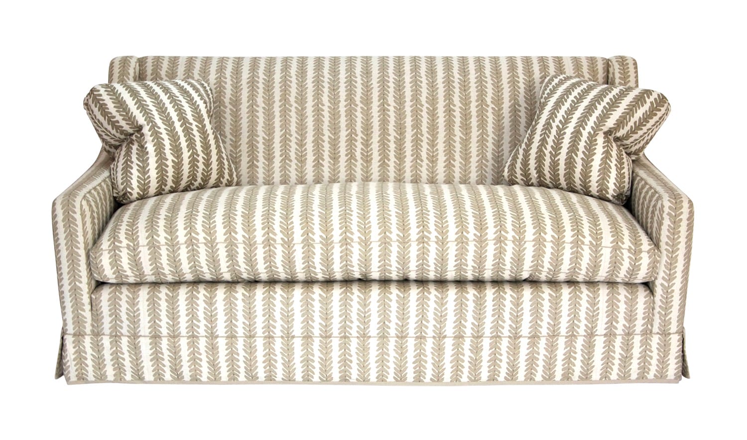 Modern beige and white patterned sofa with two matching cushions placed in a living room setting.