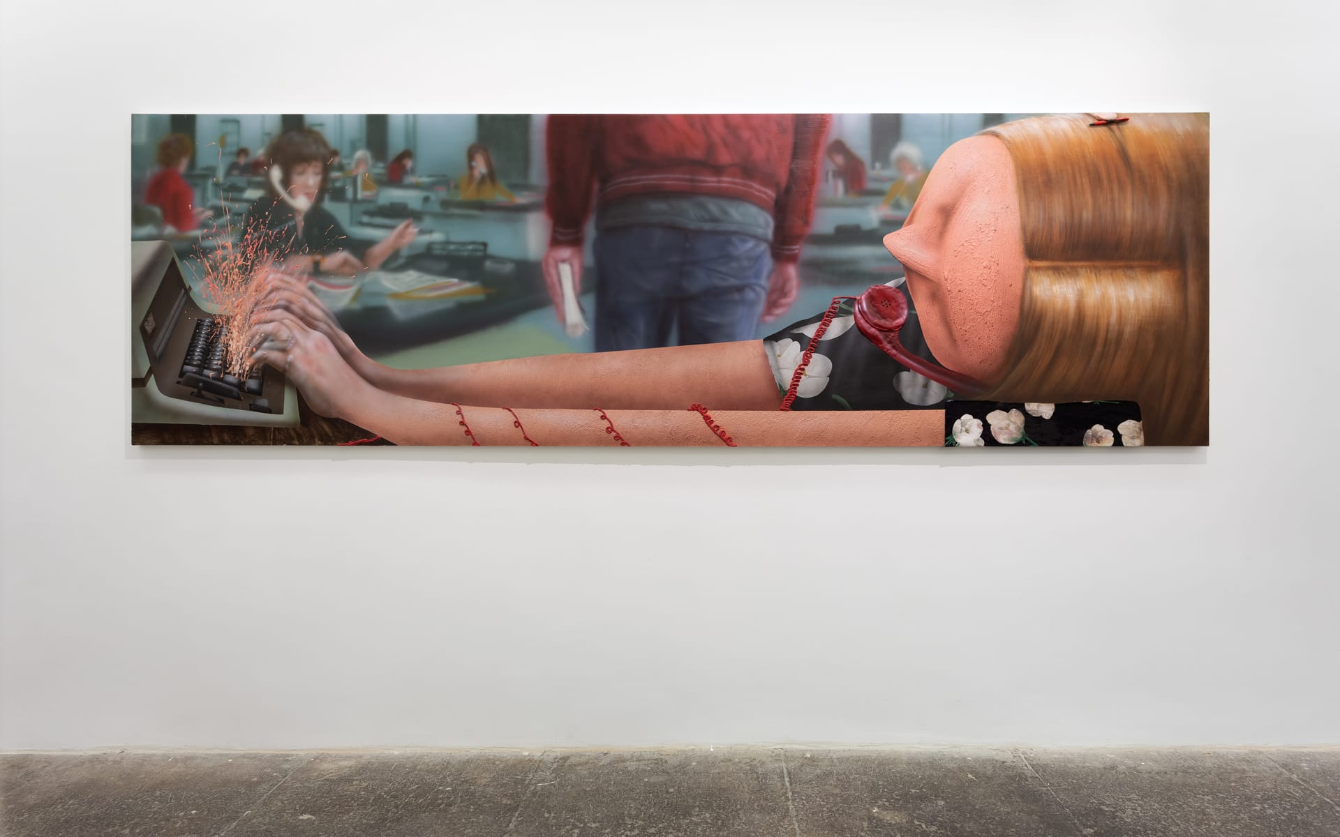 Surreal artwork depicting a giant figure using a typewriter with sparks flying, set in a classroom environment.