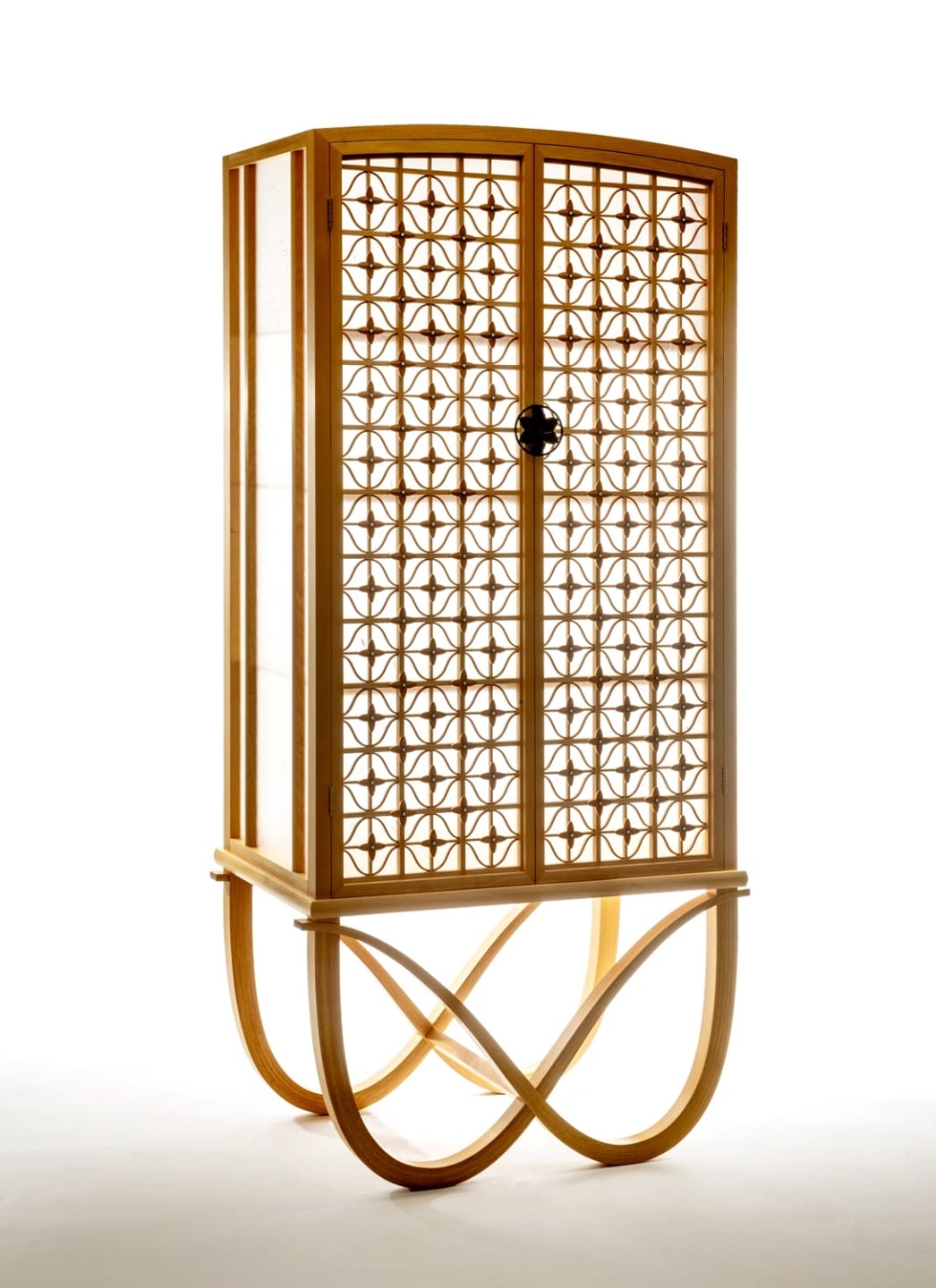 Elegant wooden cabinet with intricate lattice design and curved legs, standing against a white background.