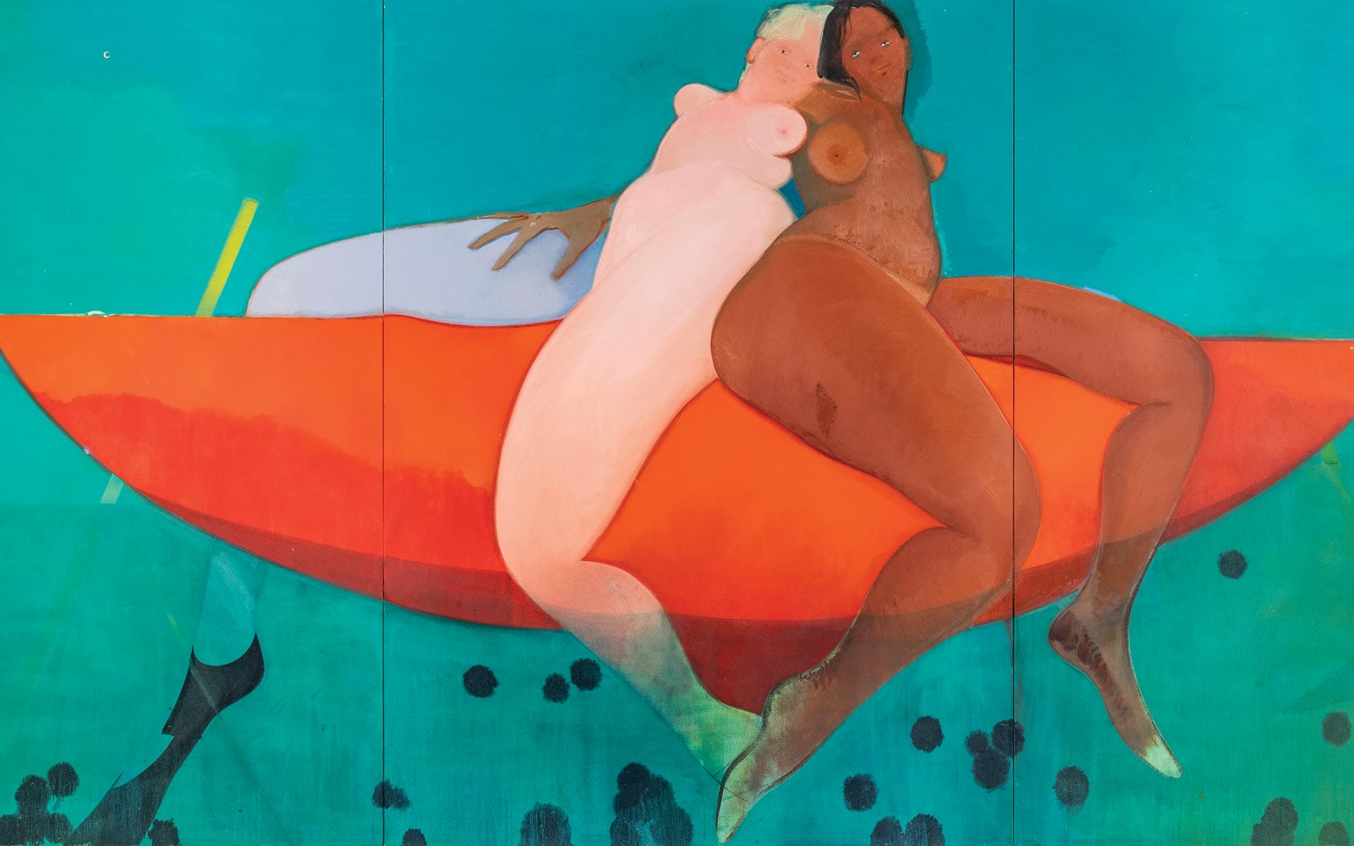 Abstract painting of two figures entwined on a red surface against a teal background, combining various shades and textures.
