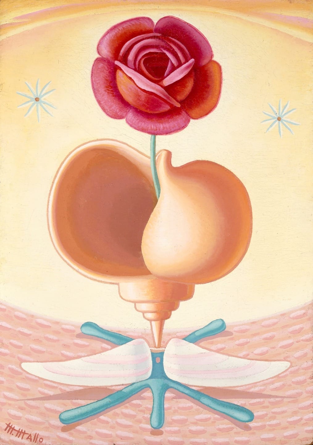 Surreal artwork with a red rose emerging from a yellow abstract form on a textured background with blue accent stars.