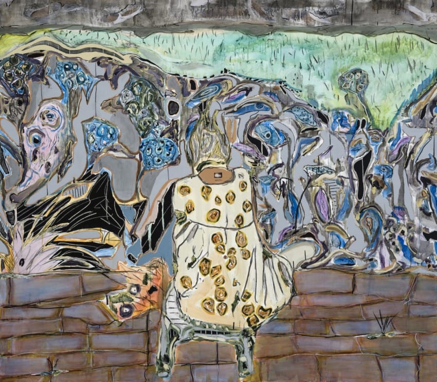 Person sitting on a wall gazing at abstract, colorful patterns and shapes with a focus on nature and surreal design.