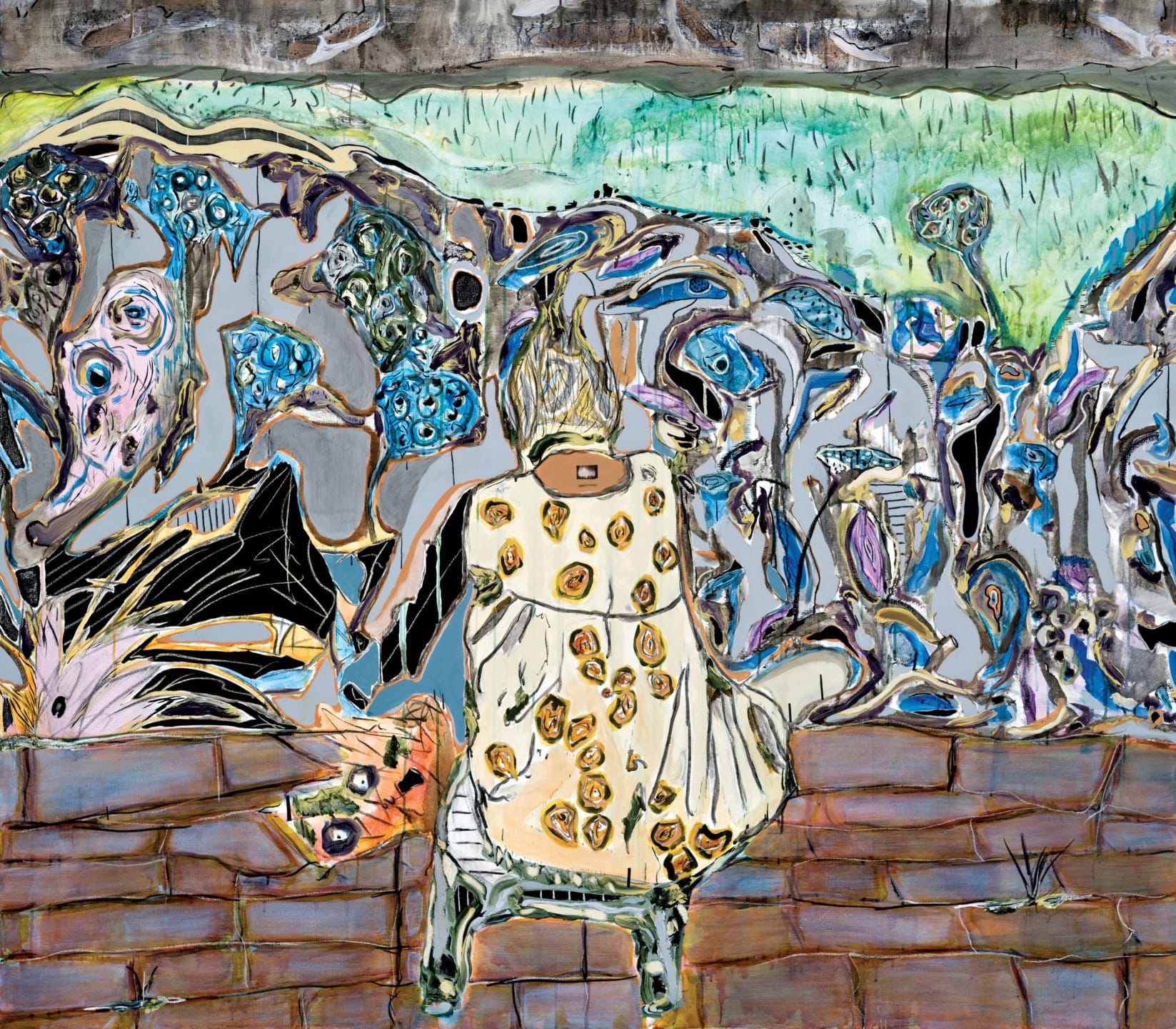 Person sitting on a brick wall with colorful, abstract background and stylized floral patterns.