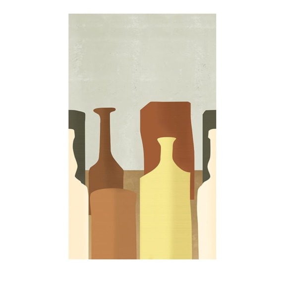 Abstract artwork featuring variously shaped and colored bottles against a muted background.