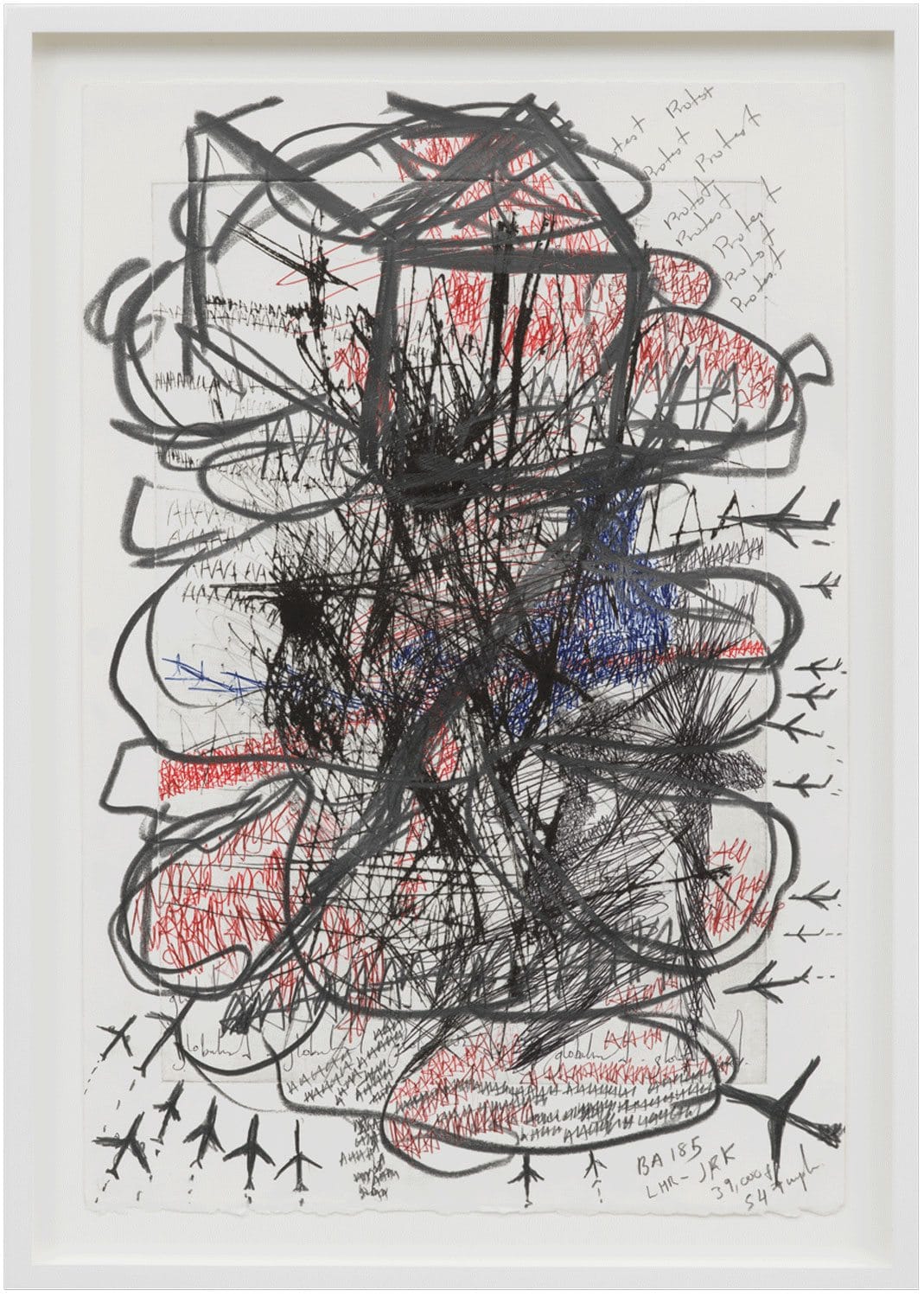 Abstract artwork with scribbles and geometric shapes in black, red, and blue on a white background. Framed in white.