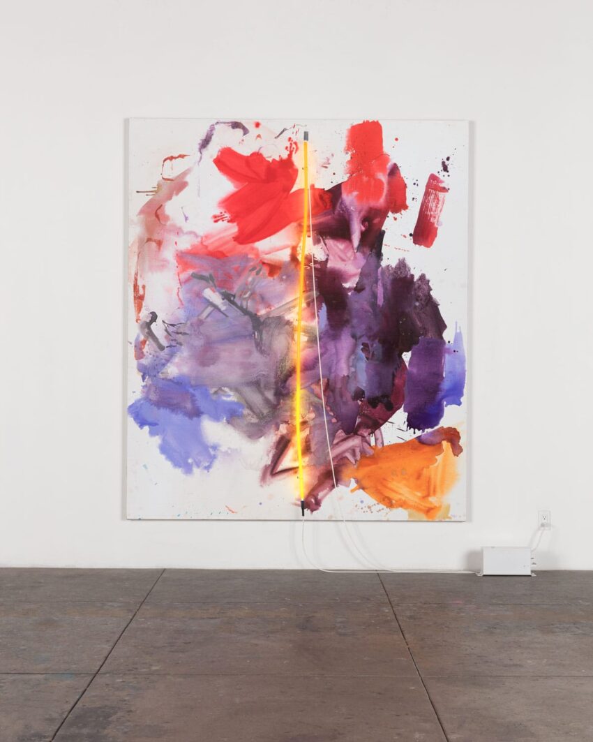 Abstract artwork with vibrant splashes of red, purple, and orange, featuring a vertical neon light at the center.