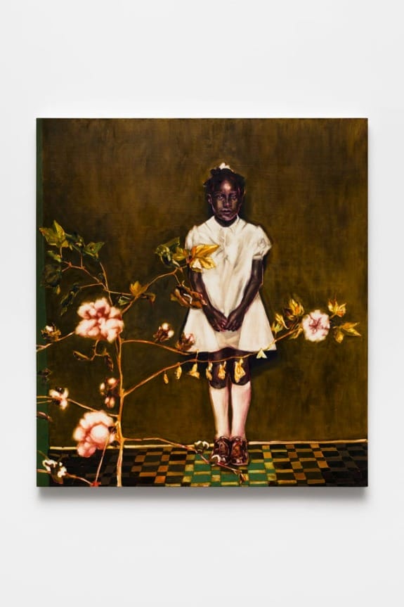 Painting of a young girl in a white dress standing on a checkered floor, surrounded by cotton plants against a dark background.