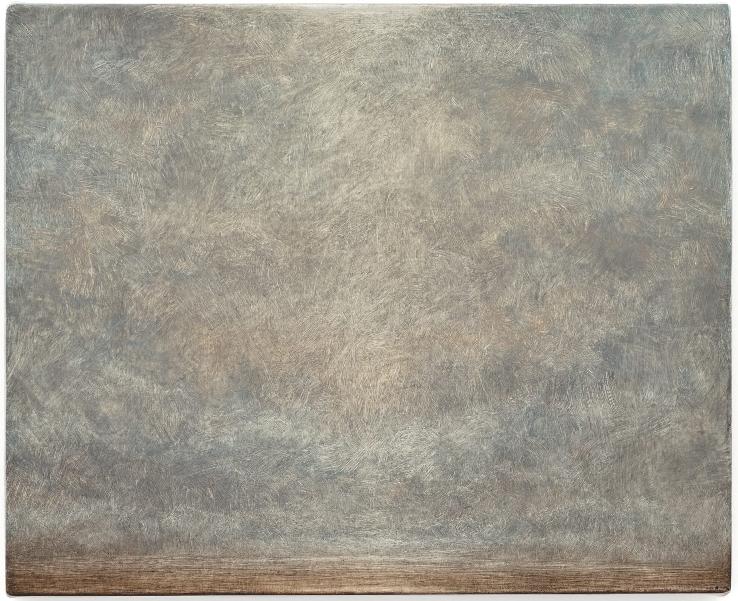 Abstract painting with textured brush strokes in shades of gray and brown, creating a soft, blended appearance.
