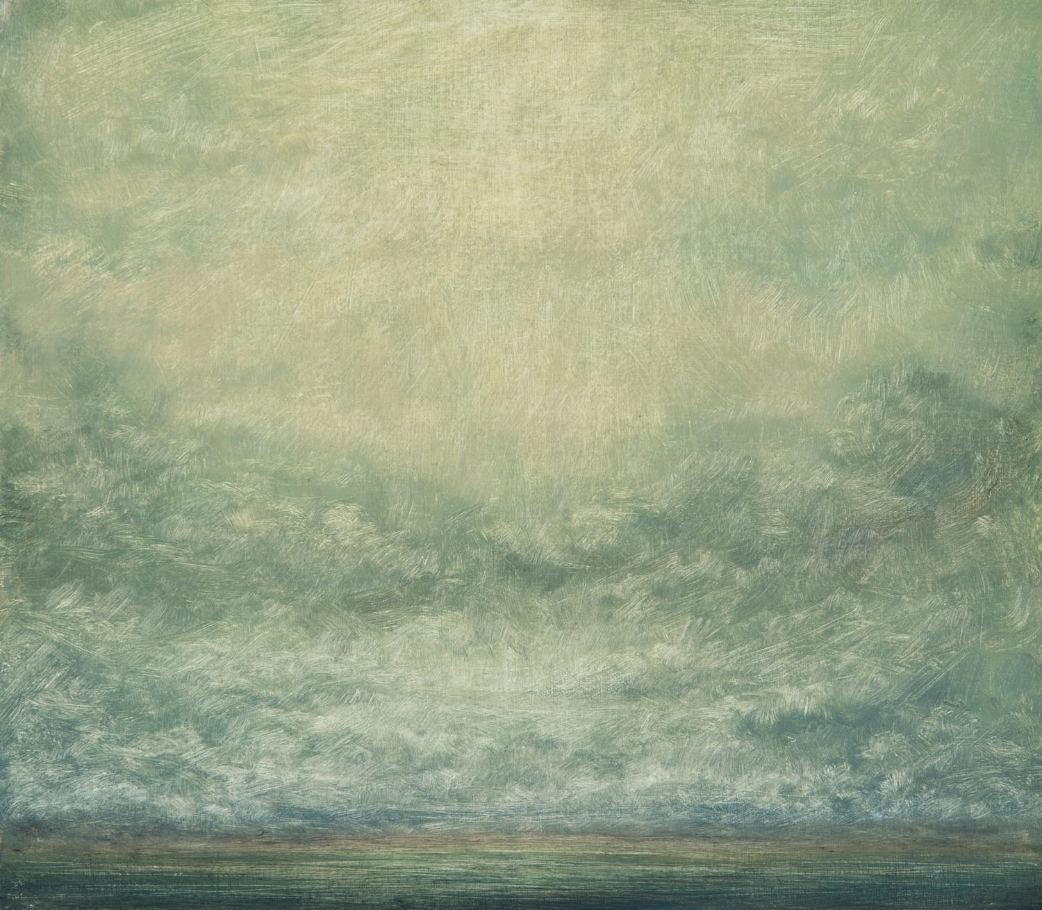 Abstract painting with green and yellow hues, featuring a textured sky and a dark horizon at the bottom.