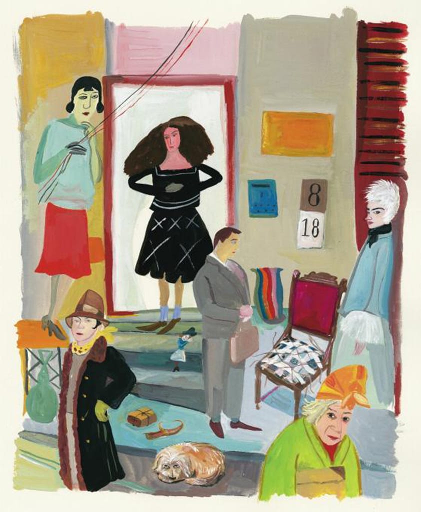 Colorful illustration of diverse individuals, one with a brown coat, another knitting, and a dog lying on the floor.