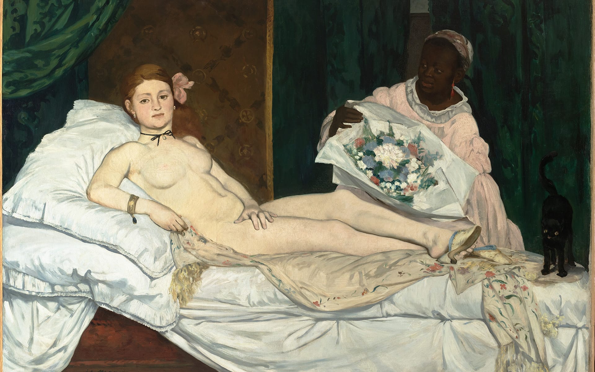 Painting of a reclining nude woman with a flower in her hair, attended by a maid with flowers, and a black cat nearby.
