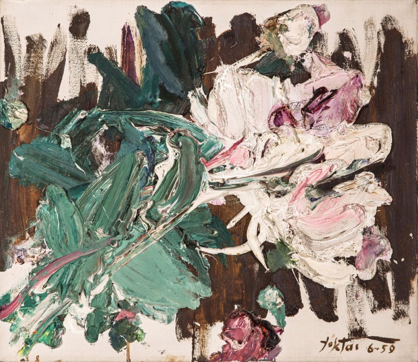 Abstract painting with textured brushstrokes in green, white, pink, and brown tones, dated 6-58 in the corner.