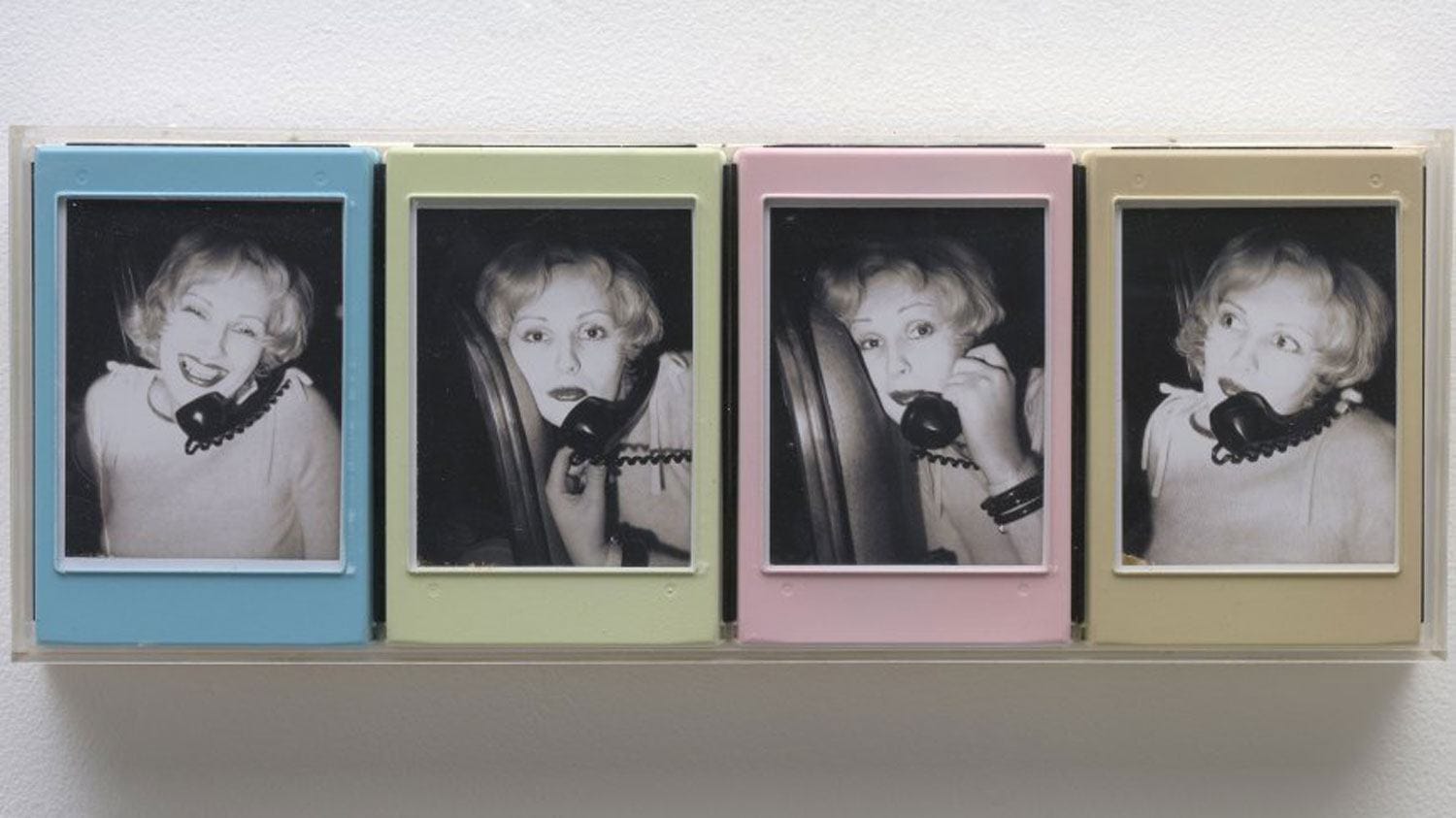 Four black-and-white photos of a person talking on a phone, each framed in differently colored borders: green, yellow, pink, and beige.