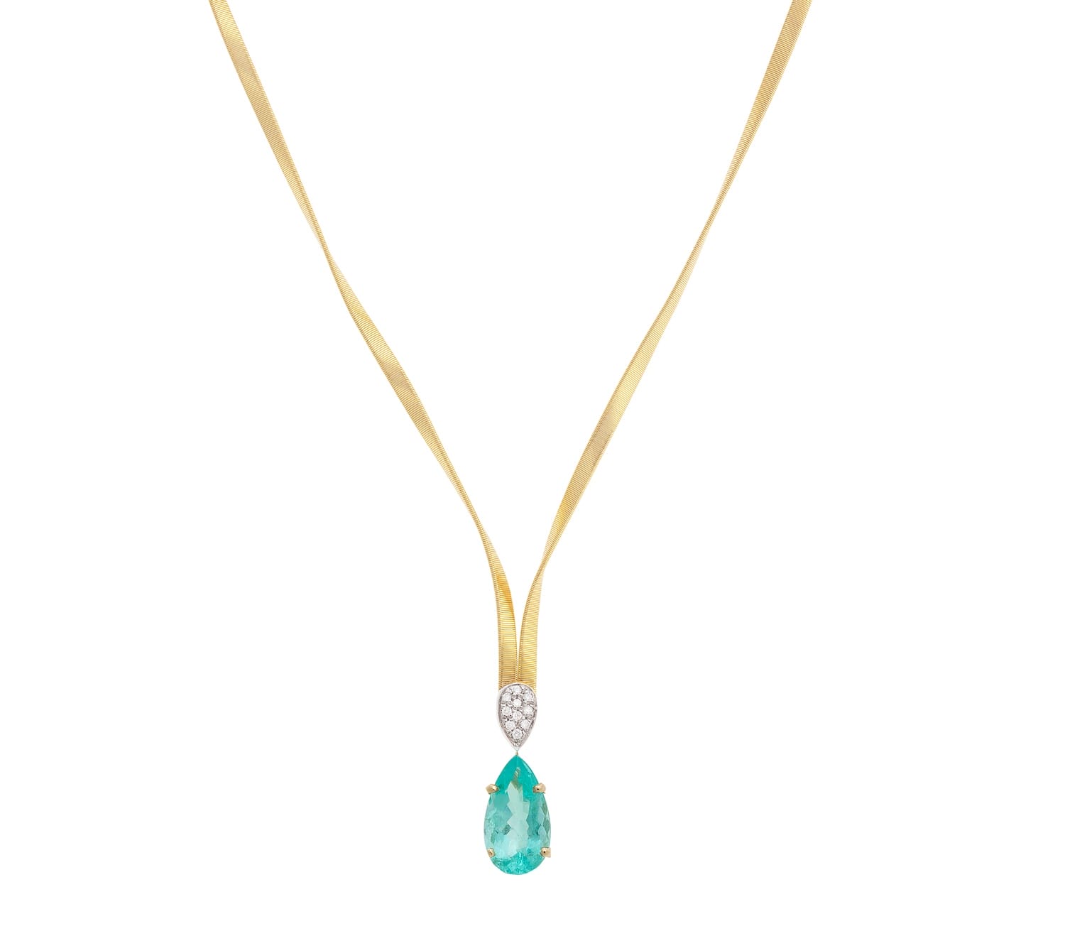 Gold necklace with a turquoise teardrop gemstone pendant and diamond accents against a white background.