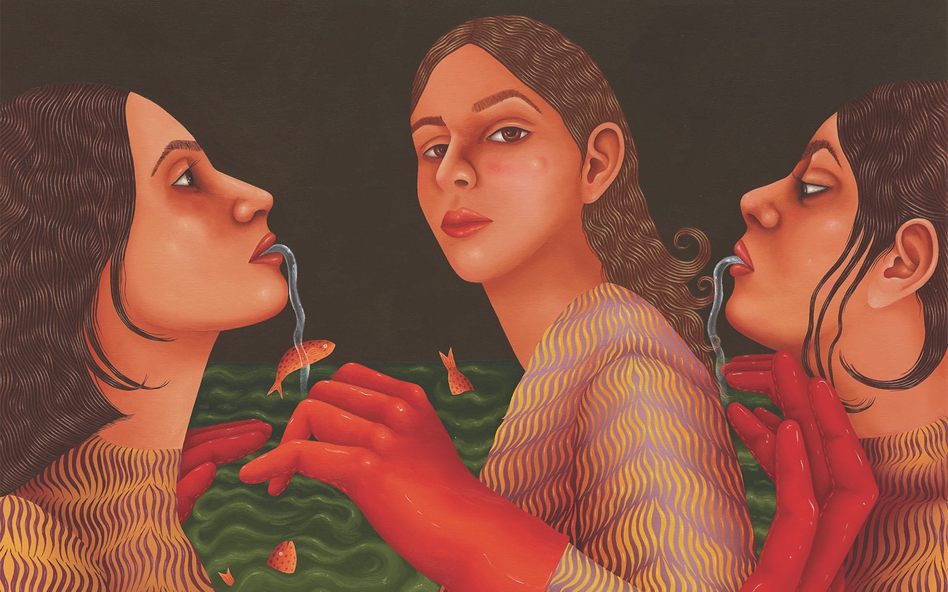 Surreal artwork of three women with red hands, one woman feeding fish to another, set against a dark background.