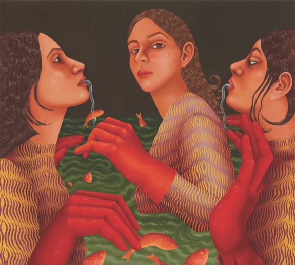 Colorful surreal painting of three women in a vibrant setting with fish and red gloves; dreamlike and imaginative atmosphere