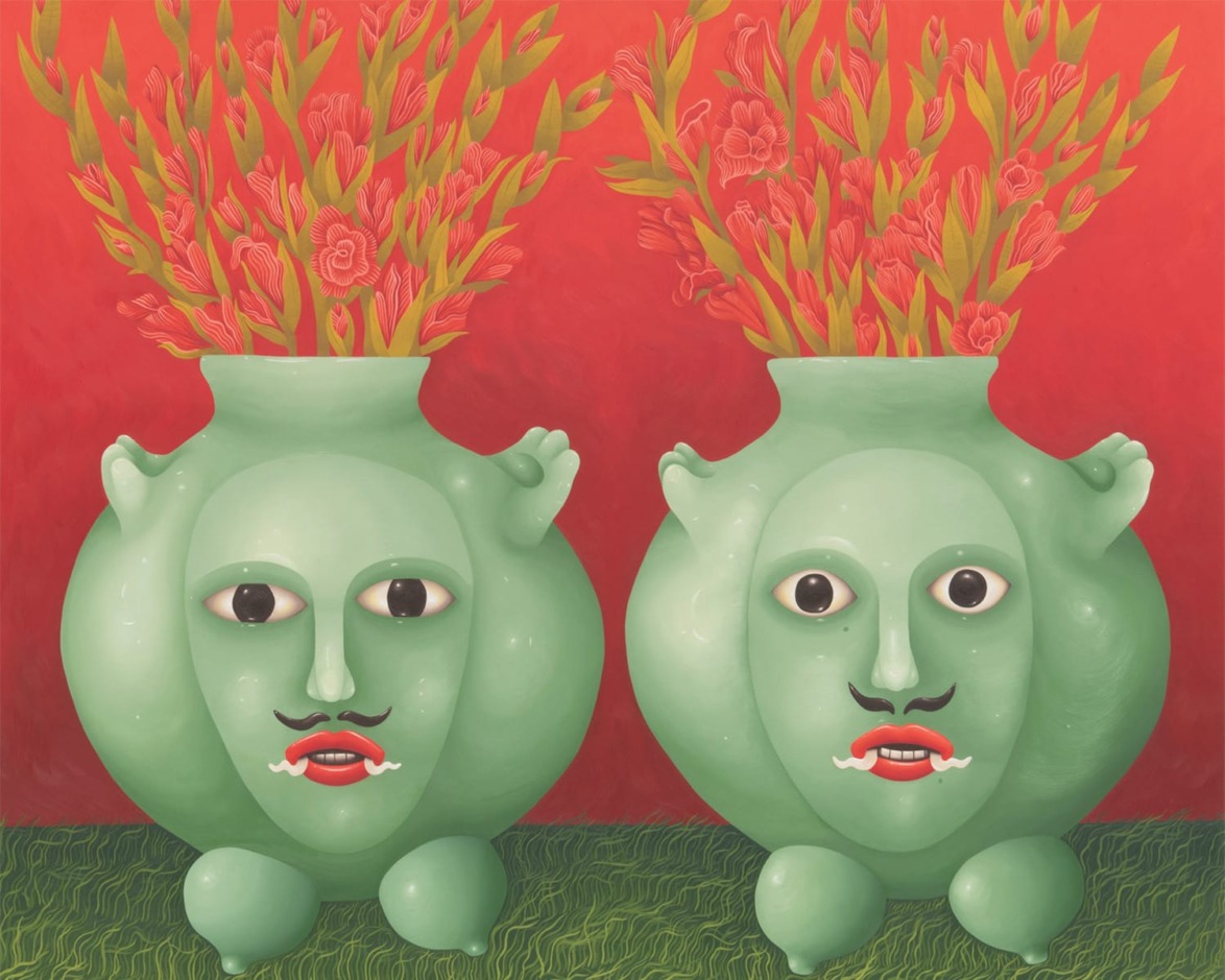 Two green vases with human-like faces and flowers on a red and green background.