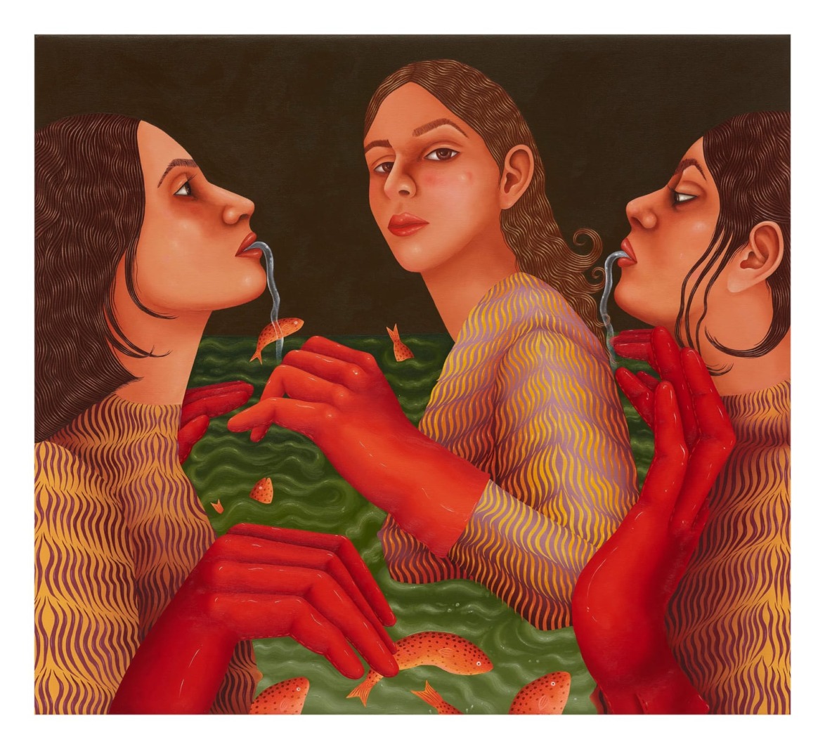 Three women with red gloves in a surreal, vivid scene involving fish and swirling green water.