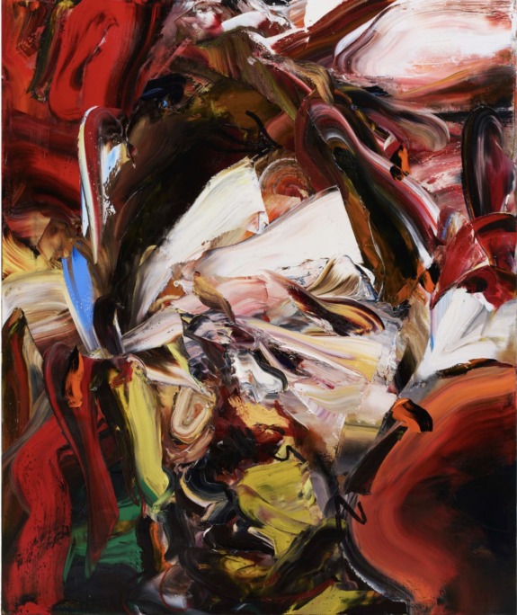 Abstract painting with swirling colors of red, brown, and white, creating a dynamic and vibrant visual effect.