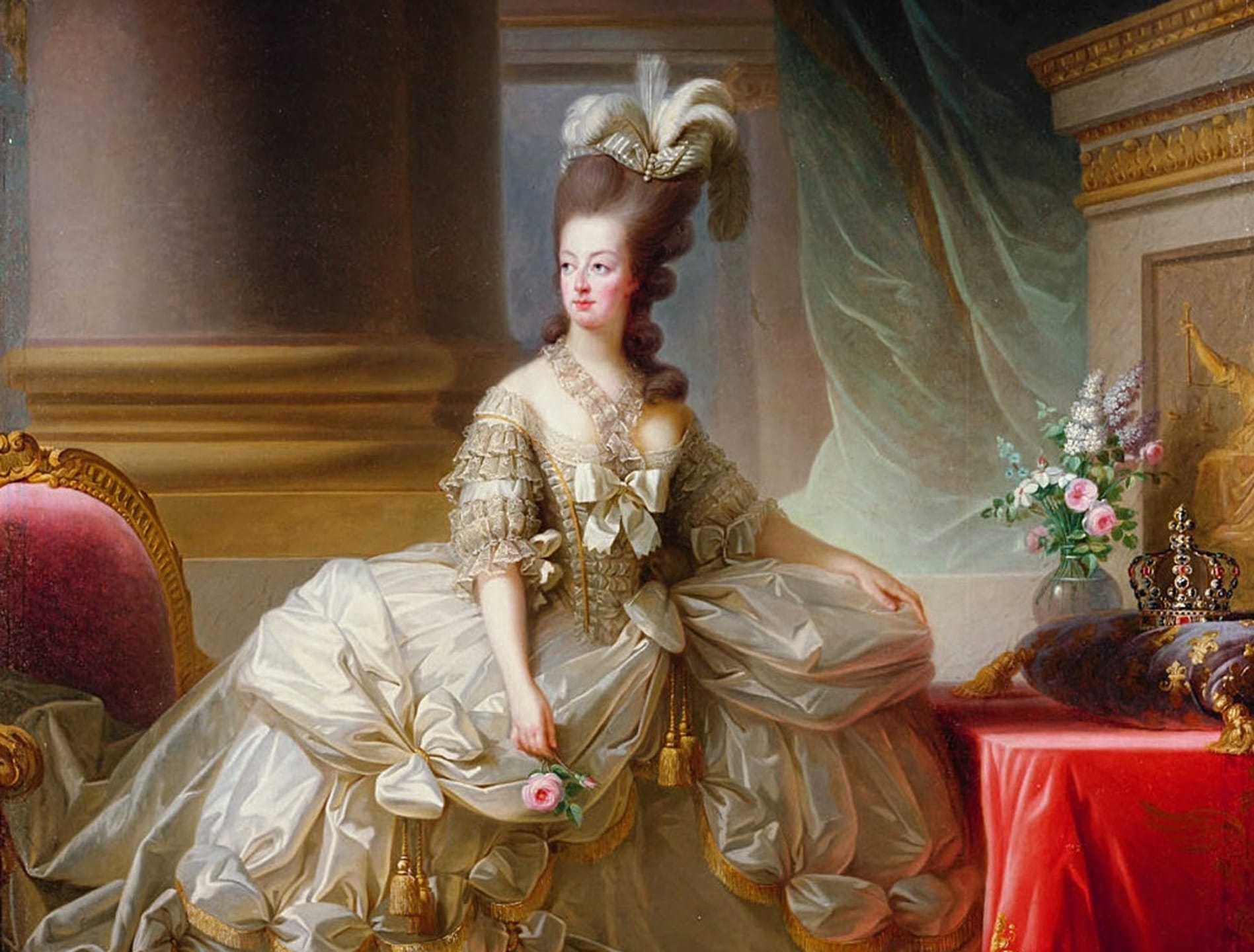 Painting of a woman in an elaborate 18th-century gown with feathers in her hair, sitting near a table with flowers and a crown.