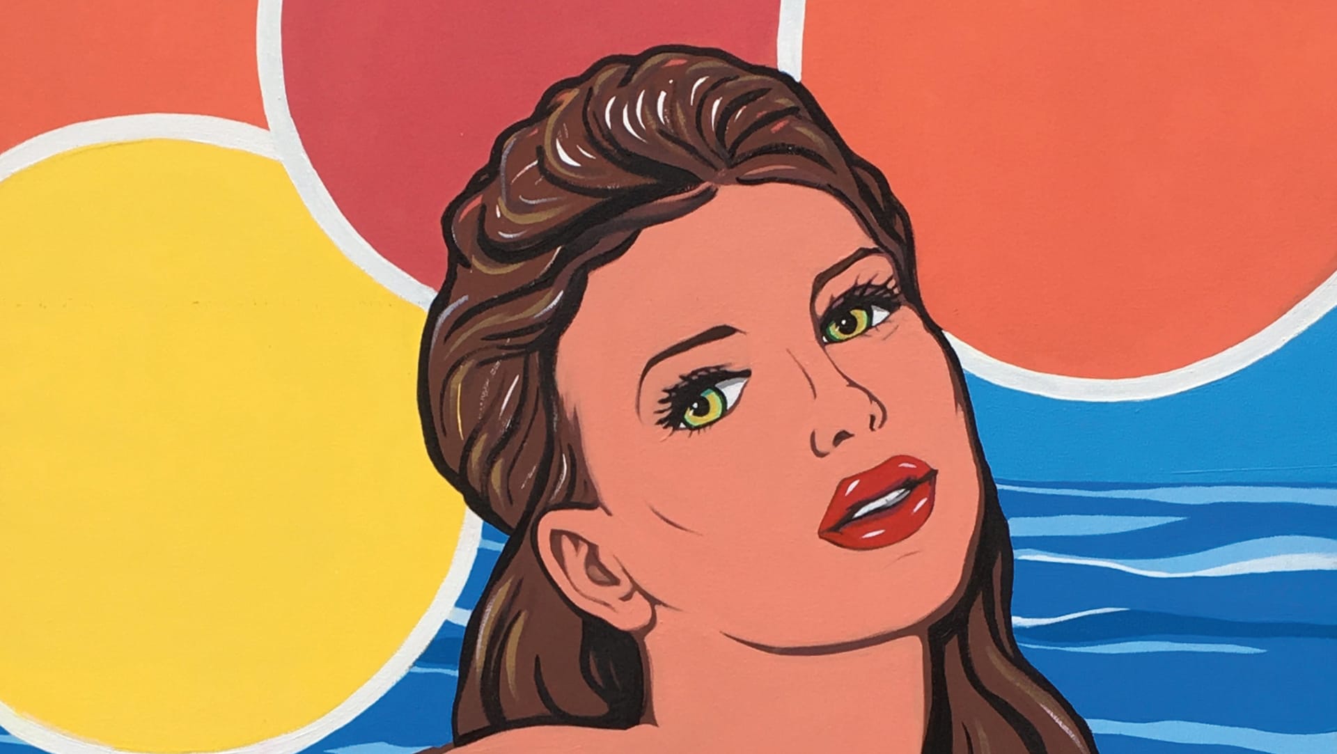 Pop art illustration of a woman with long hair and green eyes against a colorful background with circles and waves.
