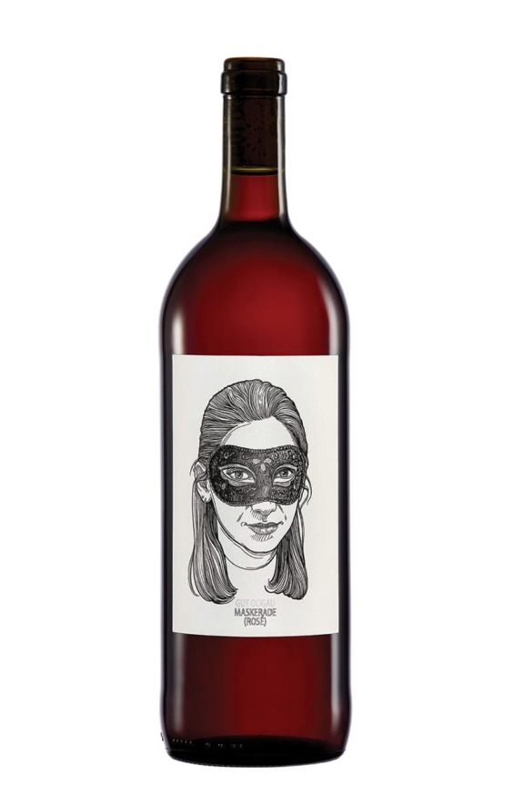 Wine bottle with a detailed illustration of a person wearing a black mask on the label.