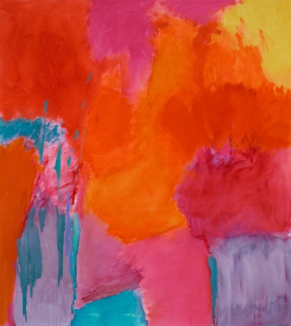 Colorful abstract painting with vibrant splashes of red, orange, pink, turquoise, and purple hues creating a dynamic visual experience.