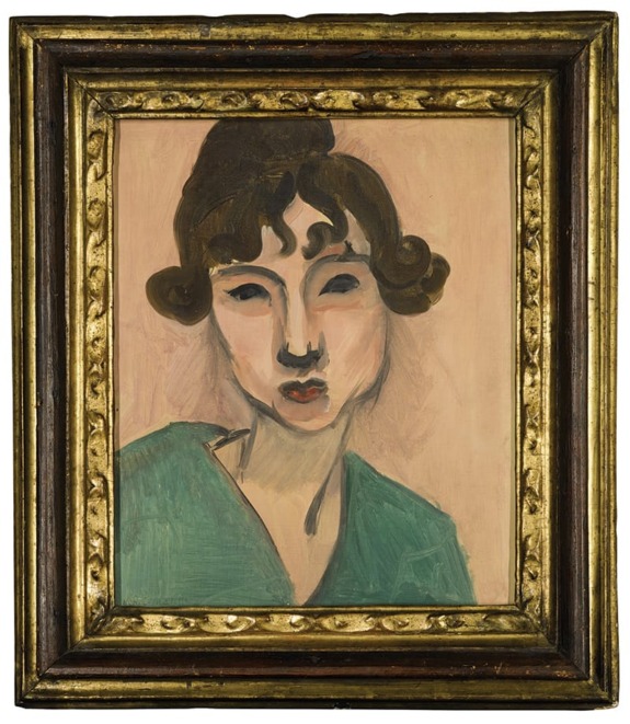 Painting of a woman's portrait with curly hair in a gold frame, featuring bold brushstrokes and a green background.