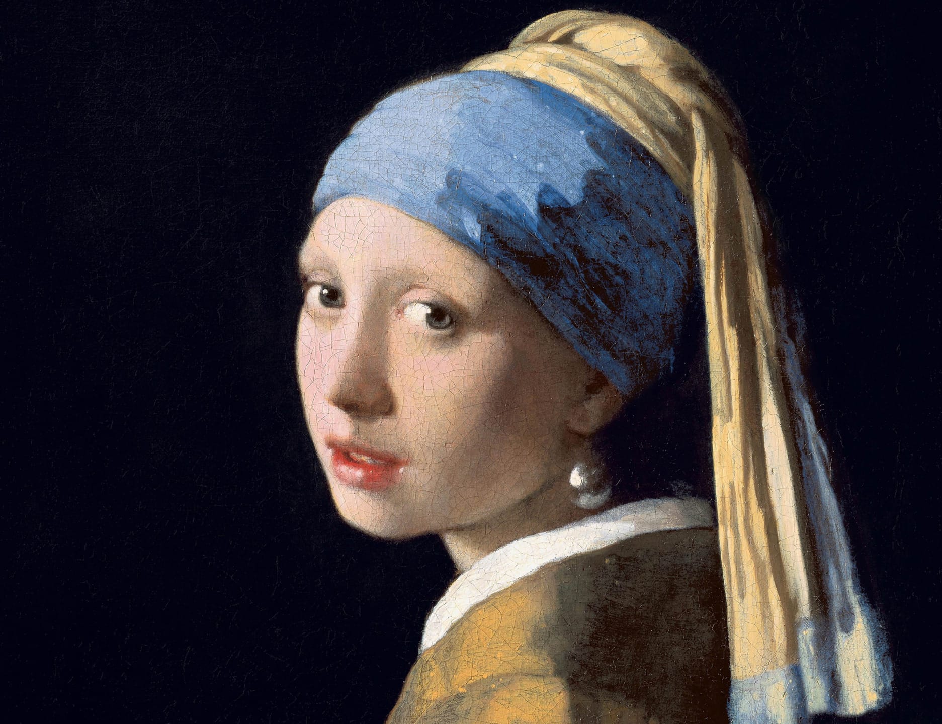 Painting of a girl with a pearl earring, wearing a blue and yellow headscarf, set against a dark background.