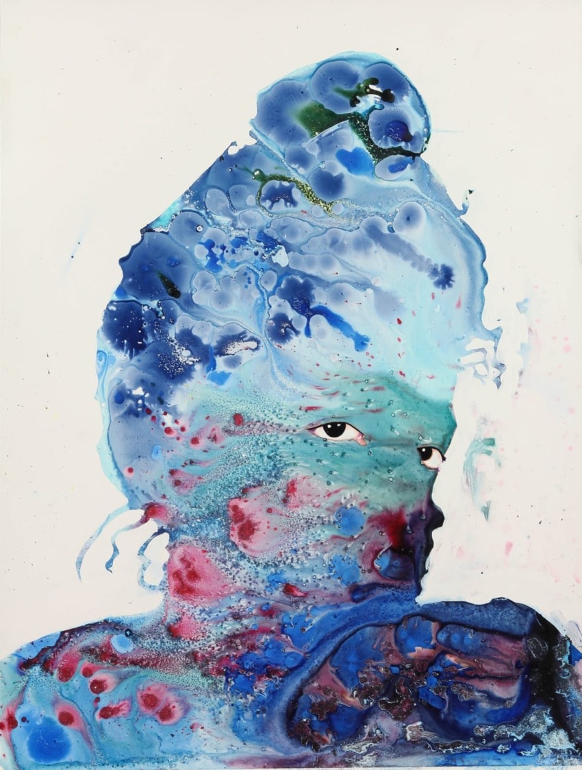 Abstract artwork of a person with face and body painted in swirling blue and pink patterns against a white background.