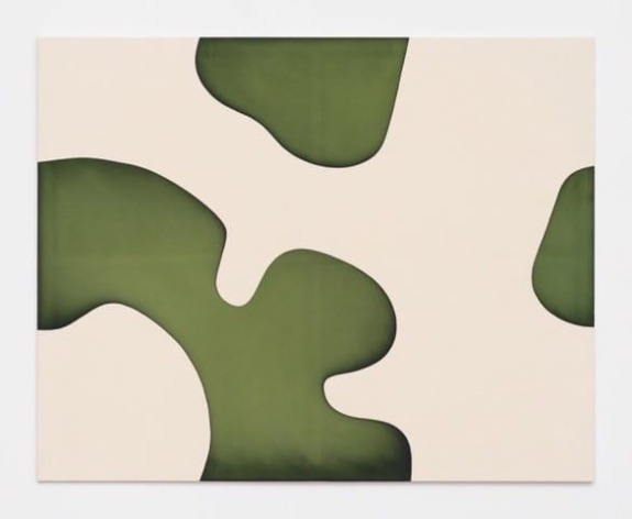 Abstract artwork featuring green organic shapes on a white background, resembling camouflage.
