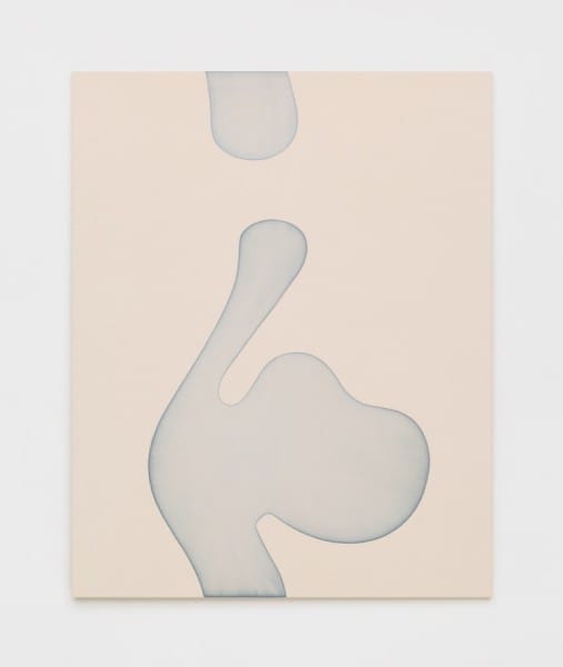 Abstract artwork featuring soft, curved shapes in pale blue against a beige background. Minimalist and organic design.