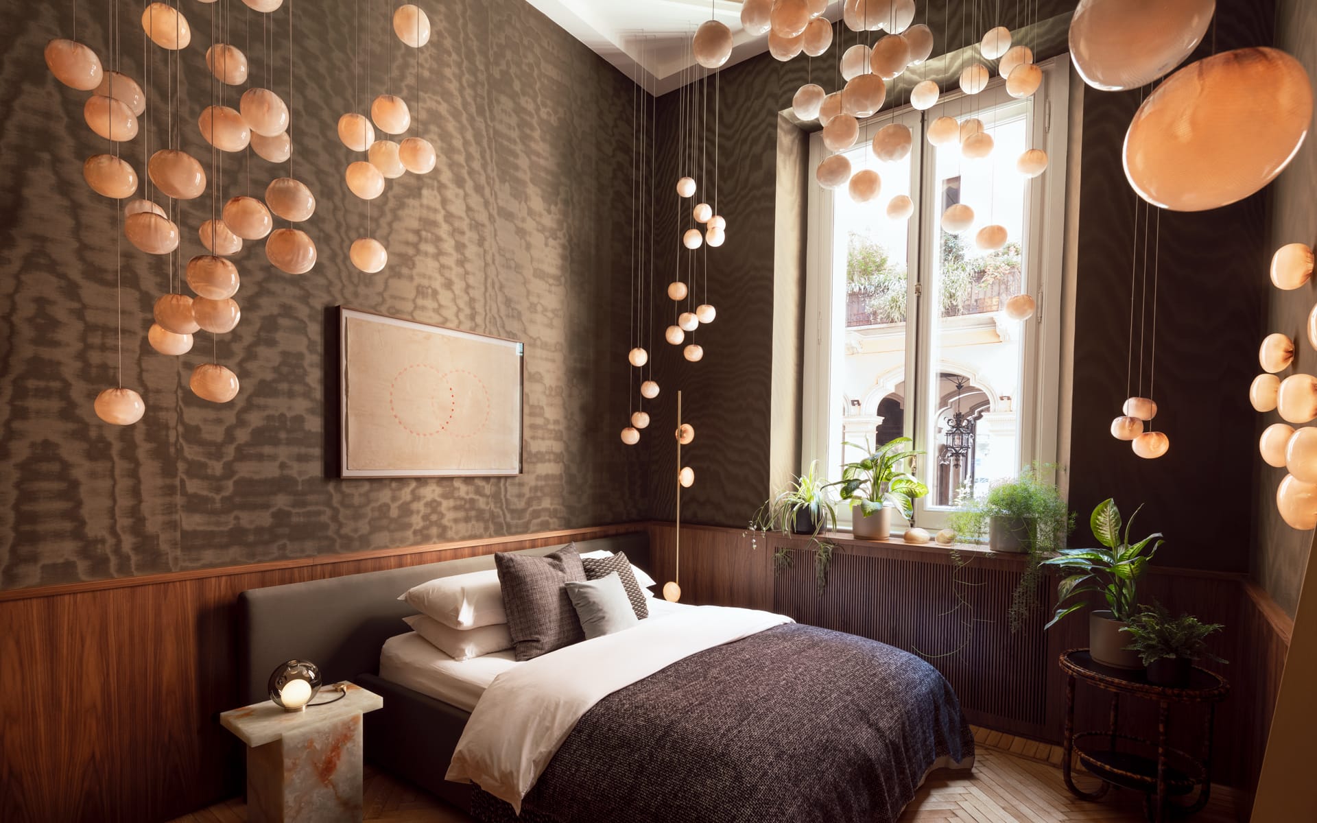 Bocci's permanent exhibition in Milan featuring the 84 Series, which is blown through copper mesh.