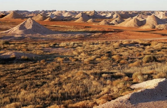A vast landscape with red soil, scattered vegetation, and numerous small mounds under a clear sky.