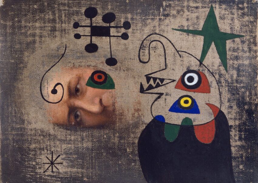 Abstract painting by Joan Miró featuring a human face intertwined with surreal shapes, lines, and a green star.