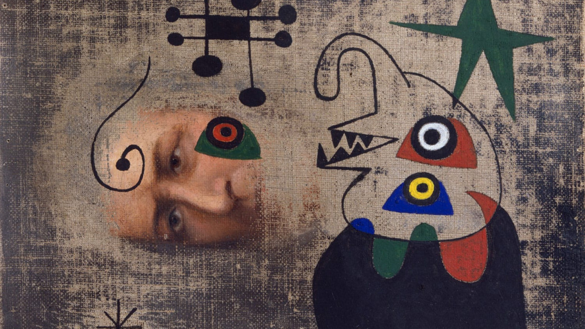 Abstract painting by Joan Miró featuring a human face intertwined with surreal shapes, lines, and a green star.