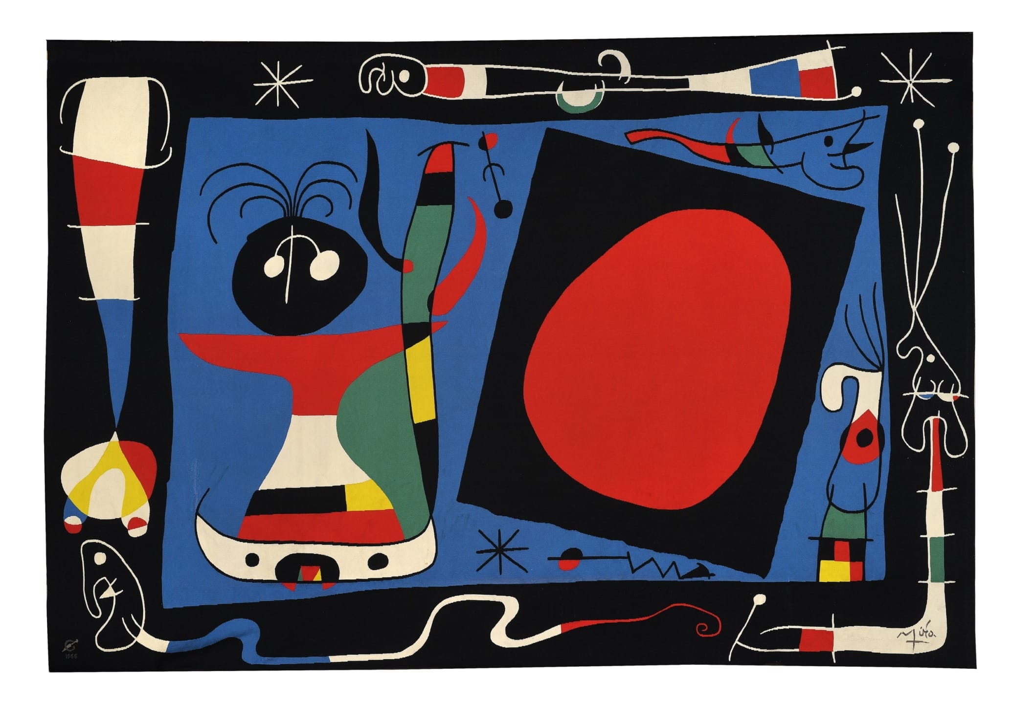Abstract painting by Joan Miró featuring bold colors and geometric shapes on a black background.