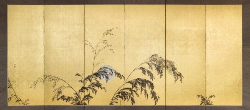 Japanese folding screen with elegant bamboo and moon design on gold leaf background.
