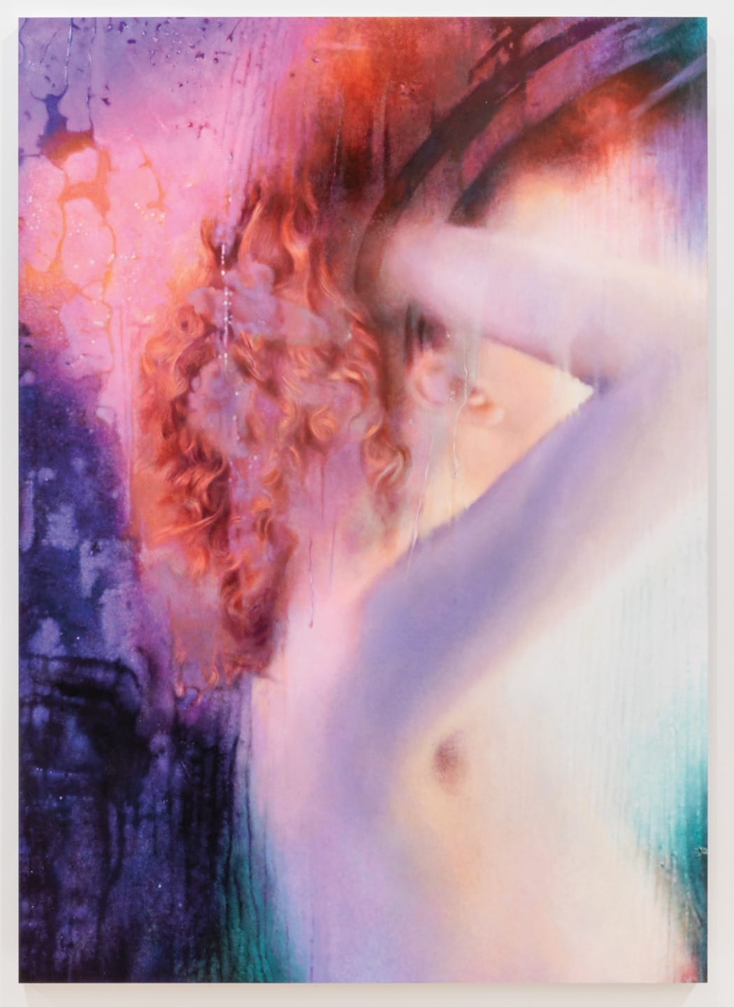 Abstract art of a nude figure with red curly hair, surrounded by vibrant colors like purple, pink, and orange.