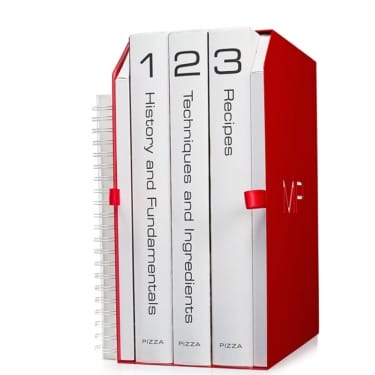 Set of three cooking books in white and red cover, labeled 1, 2, 3, covering history, techniques, and recipes, in a red holder.