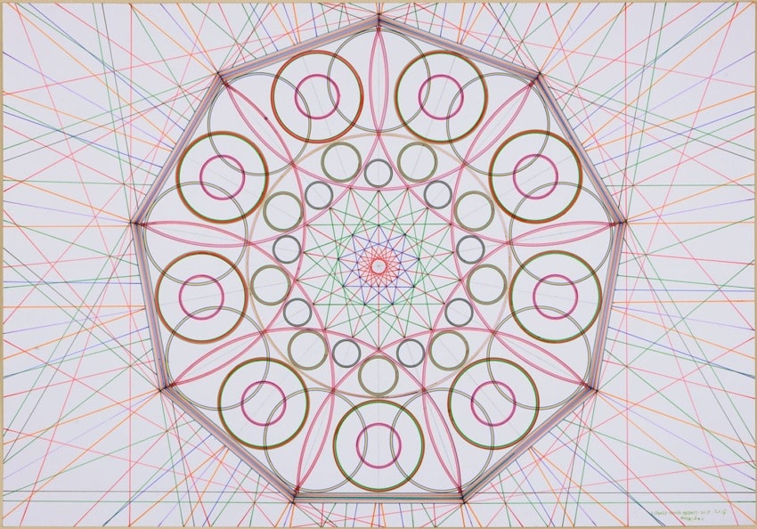 Intricate geometric pattern with circles and intersecting colorful lines on a white background.