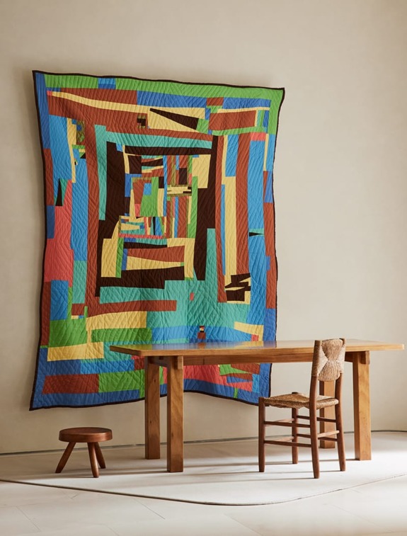 Colorful abstract quilt hanging on a wall behind a wooden table and chair in a minimalist room setting.