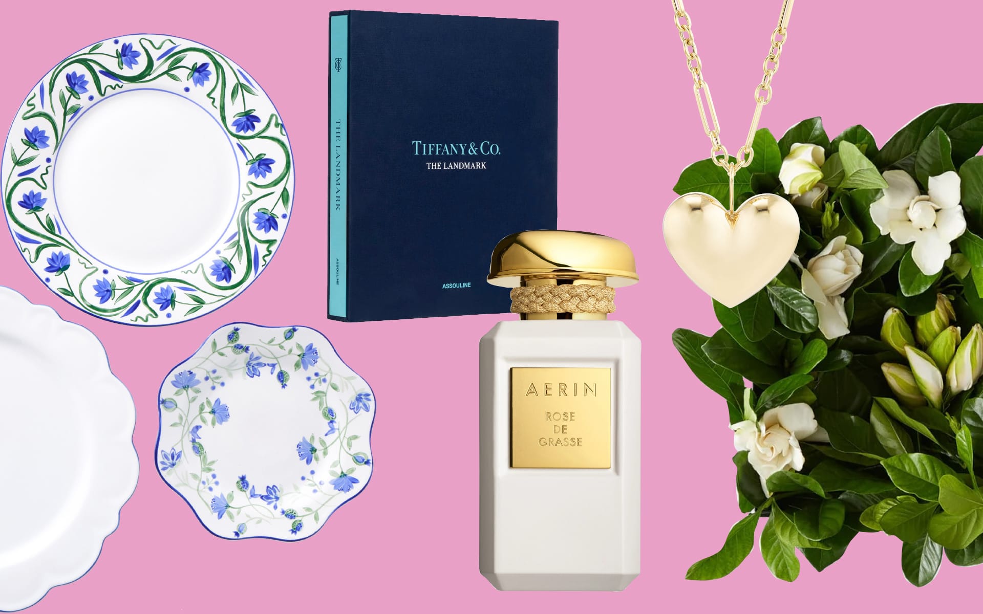 Various decorative plates, a book, a perfume bottle, a heart-shaped necklace, and white flowers on a pink background.