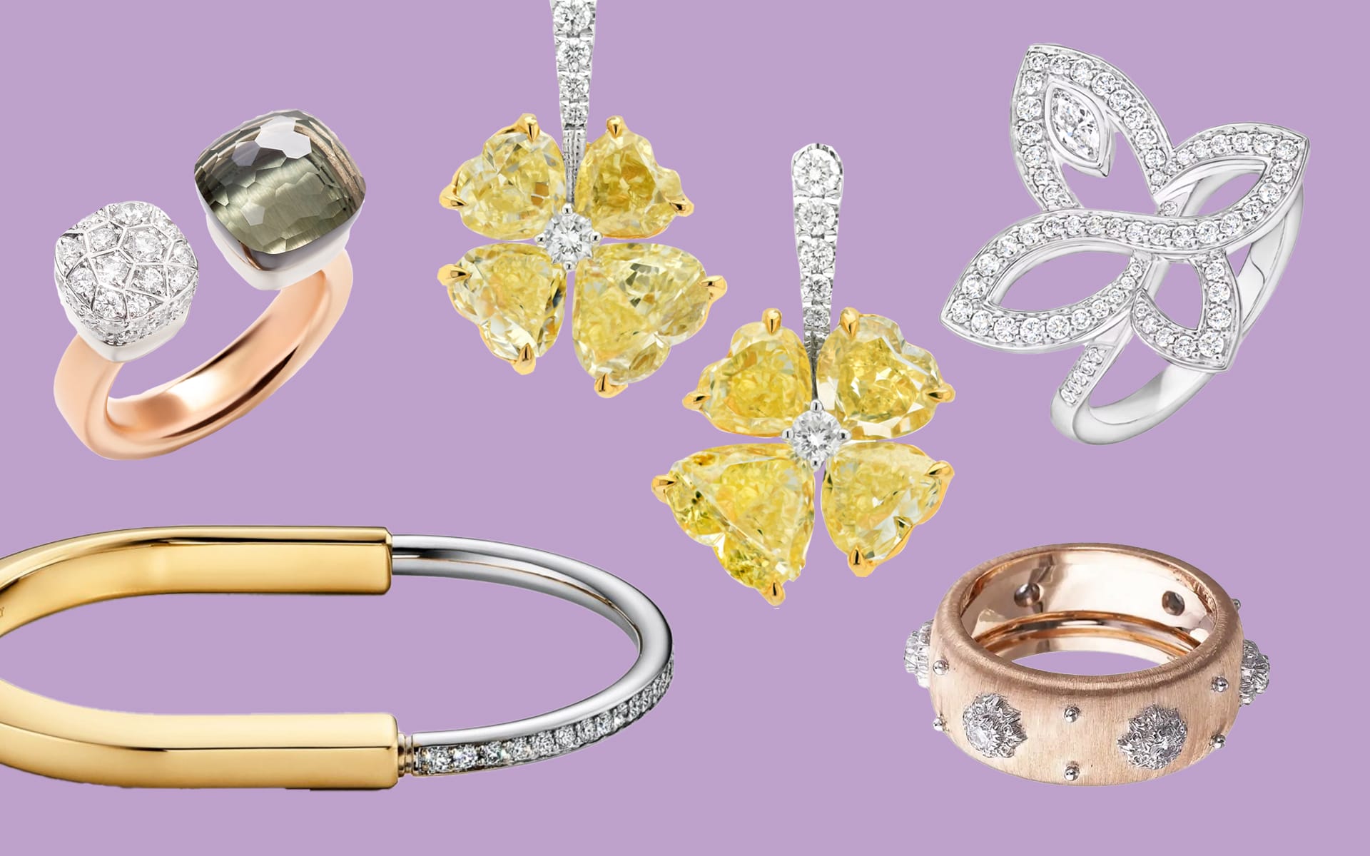 A collection of elegant jewelry including rings, earrings, and bracelets on a purple background.
