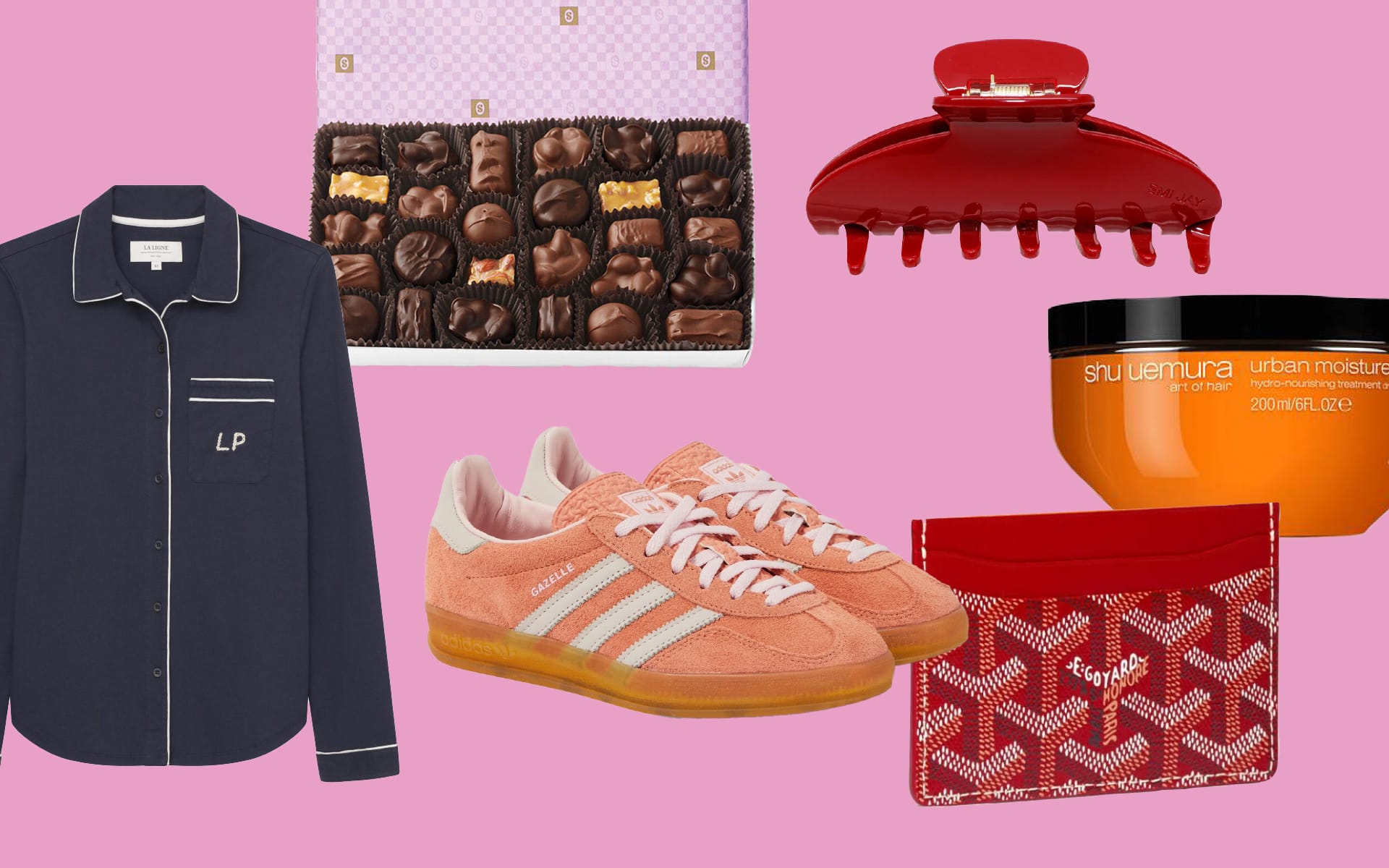 Assorted fashion items and accessories, including shoes, chocolates, a shirt, claw clip, hair product, and a wallet on pink background.